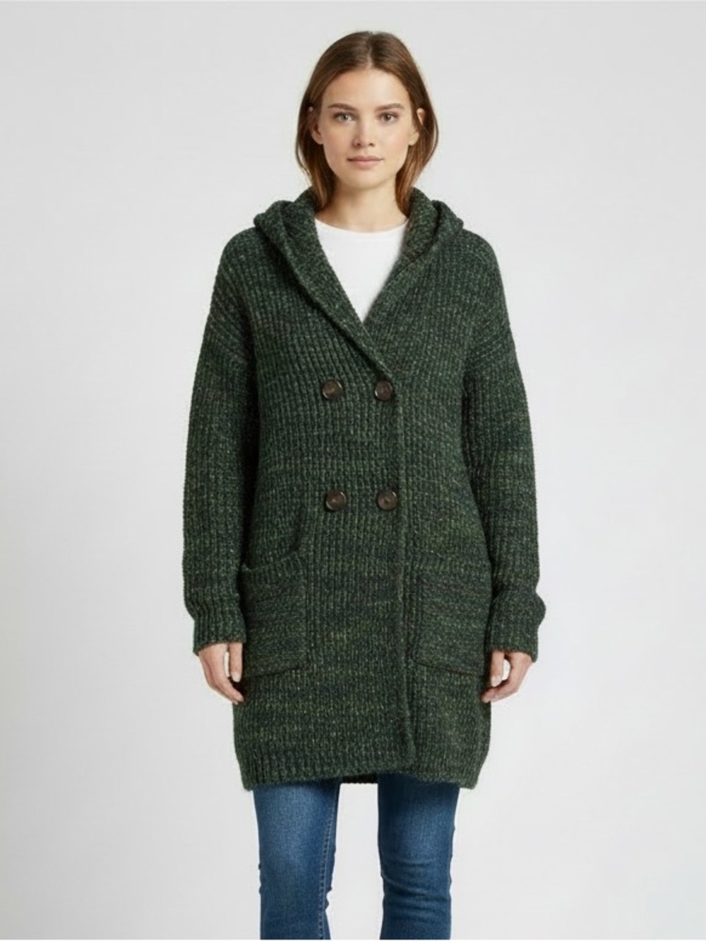 Onetheland | Green hooded double breasted knit cardigan sweater size med…